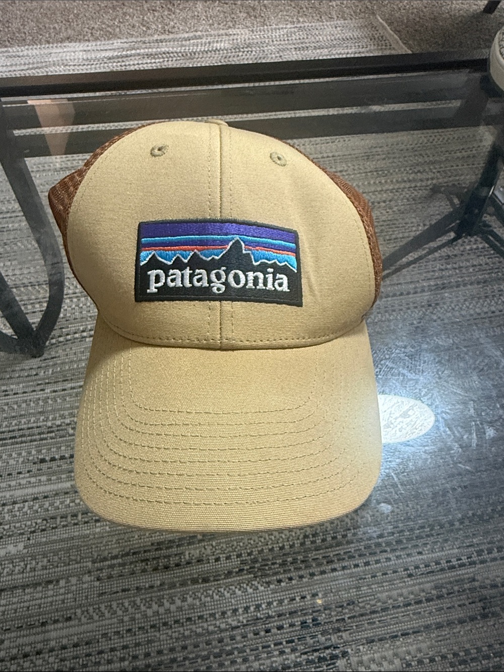 Patagonia Tan and Brown Trucker Hat with Multicolor Logo